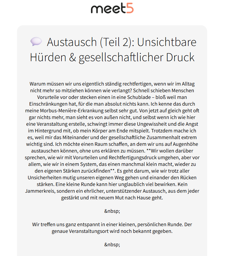Von Maik bereitgestellte Meet5-Ankündigung: Austausch Teil 2 – Unsichtbare Hürden und gesellschaftlicher Druck